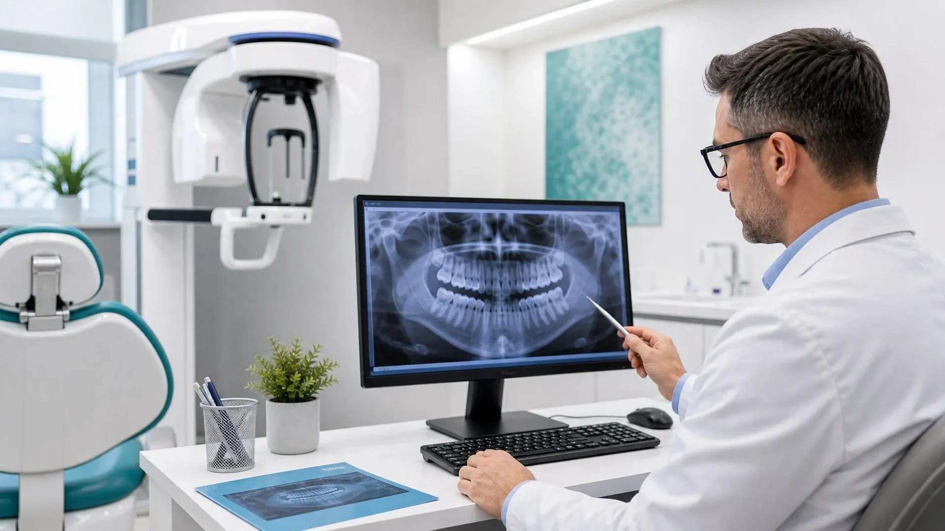 Dentista analisando radiografia panorâmica em monitor