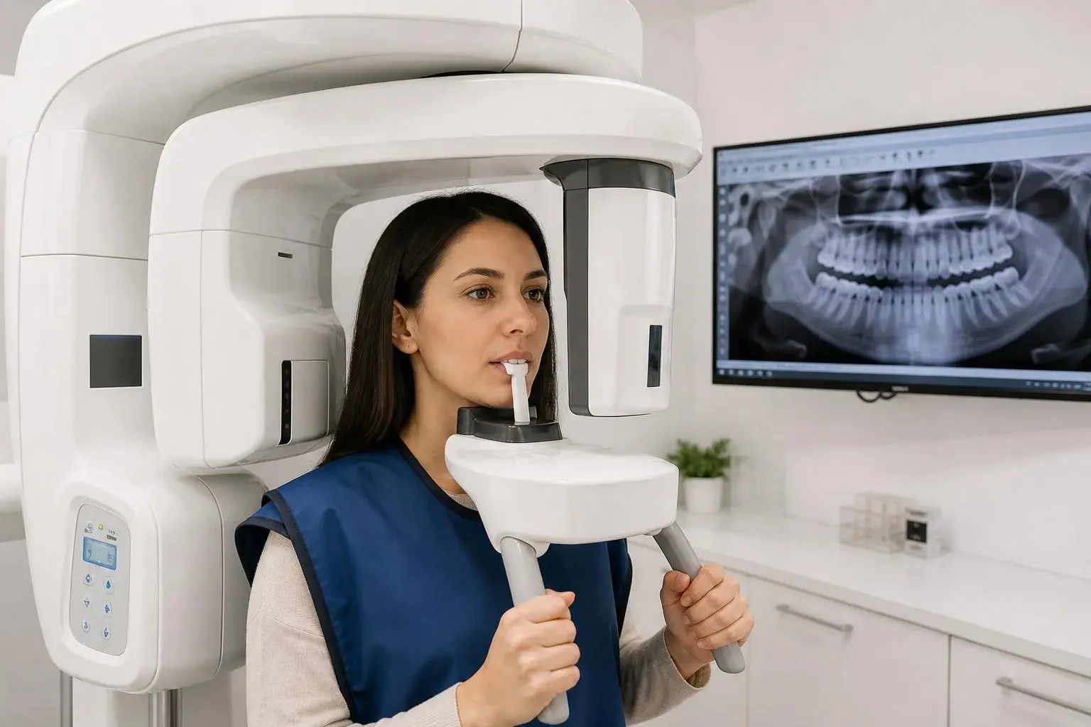 Paciente durante posicionamento para exame radiográfico odontológico