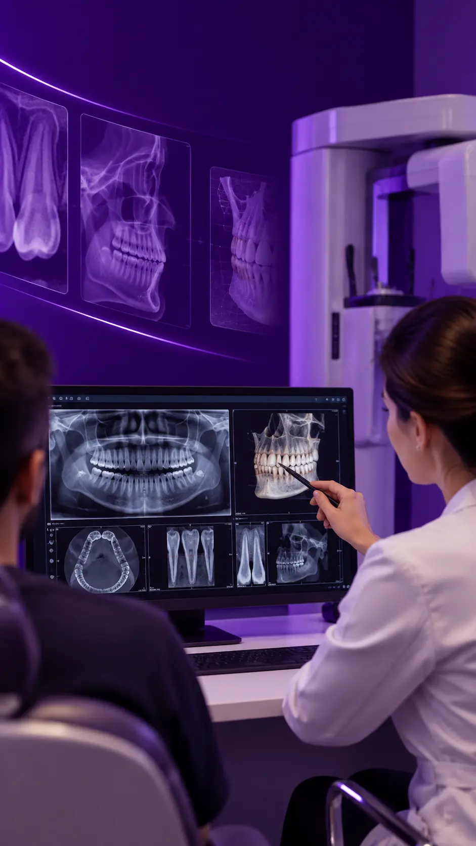 Profissional analisando exames de imagem odontológica em ambiente tecnológico