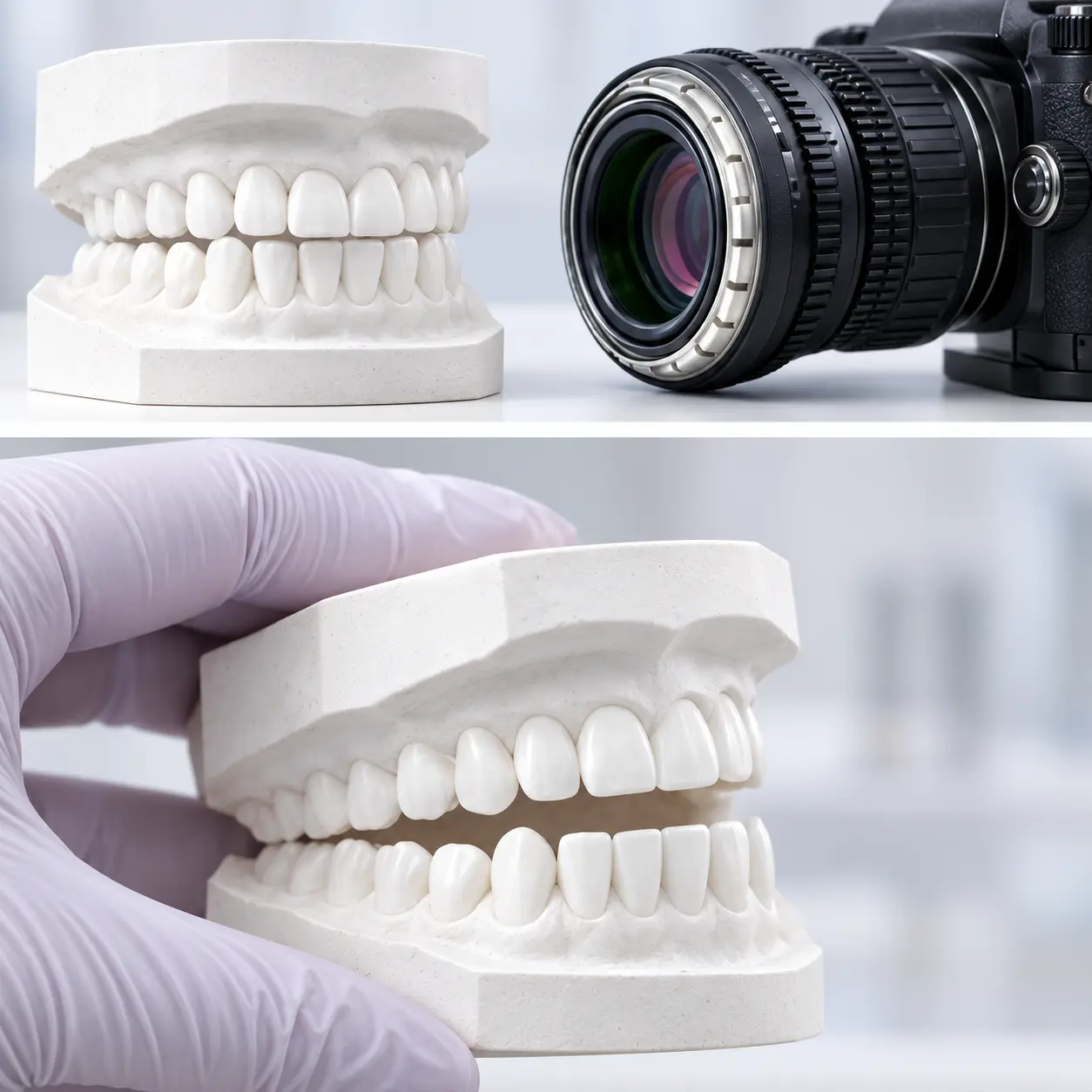 Documentação ortodôntica com modelos de arcada e fotografia odontológica